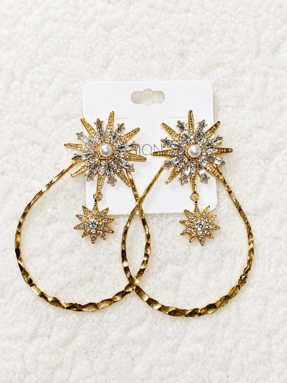 Gold Starburst Statement Hoop Earrings Rhinestone Drop Pearl Center